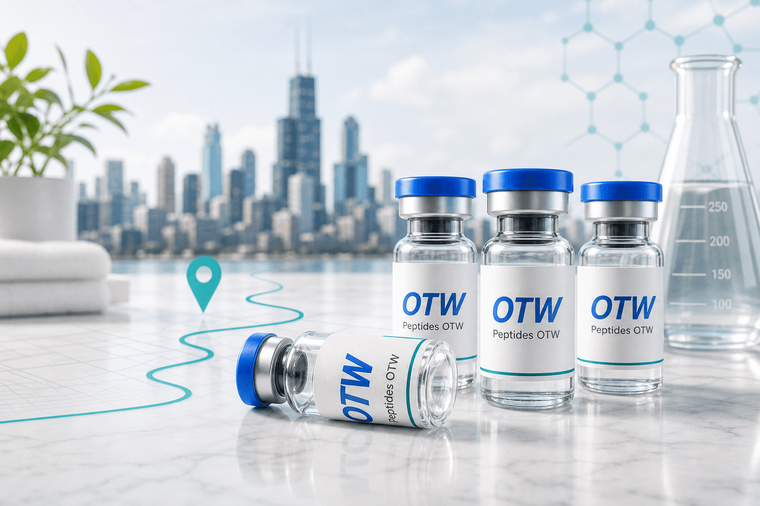 Peptides OTW vials on a bright clinical surface with Chicago skyline and route line